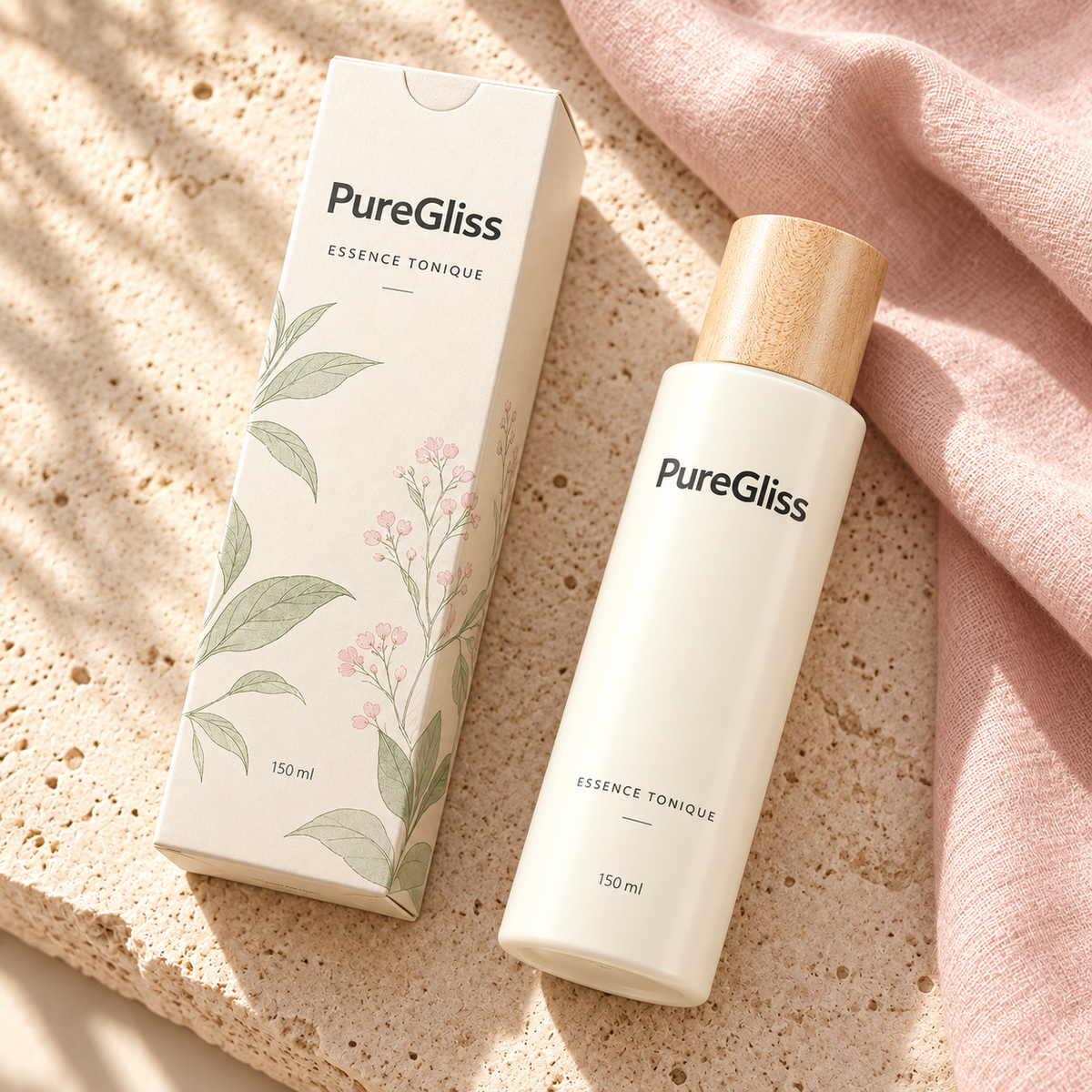 Essence Tonique Hydratante – 150 ml PureGliss — vue dans un décor de pierre et de lin.