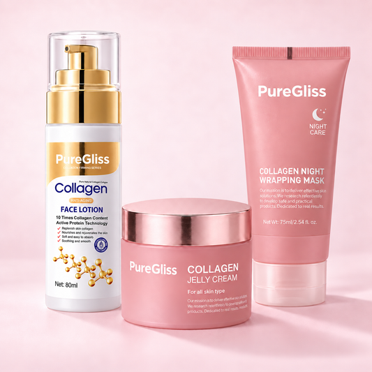 Routine visage PureGliss : sérum au collagène, crème gelée et masque de nuit.
