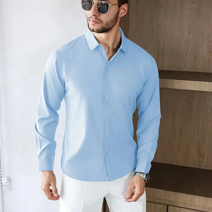 New Men's Business Casual Long Sleeved Solid Color Shirt Wrinkle Resistant Wrinkle Free Comfortable All Season Versatile Top PureGliss