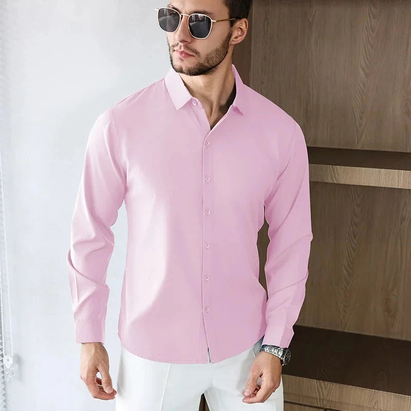 New Men's Business Casual Long Sleeved Solid Color Shirt Wrinkle Resistant Wrinkle Free Comfortable All Season Versatile Top PureGliss