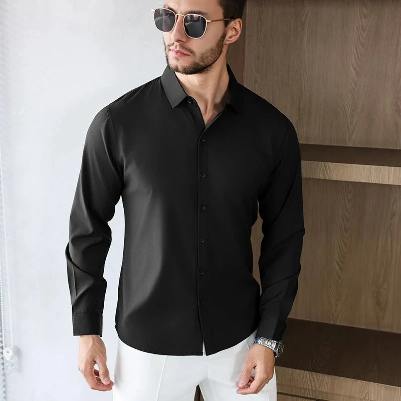 New Men's Business Casual Long Sleeved Solid Color Shirt Wrinkle Resistant Wrinkle Free Comfortable All Season Versatile Top PureGliss