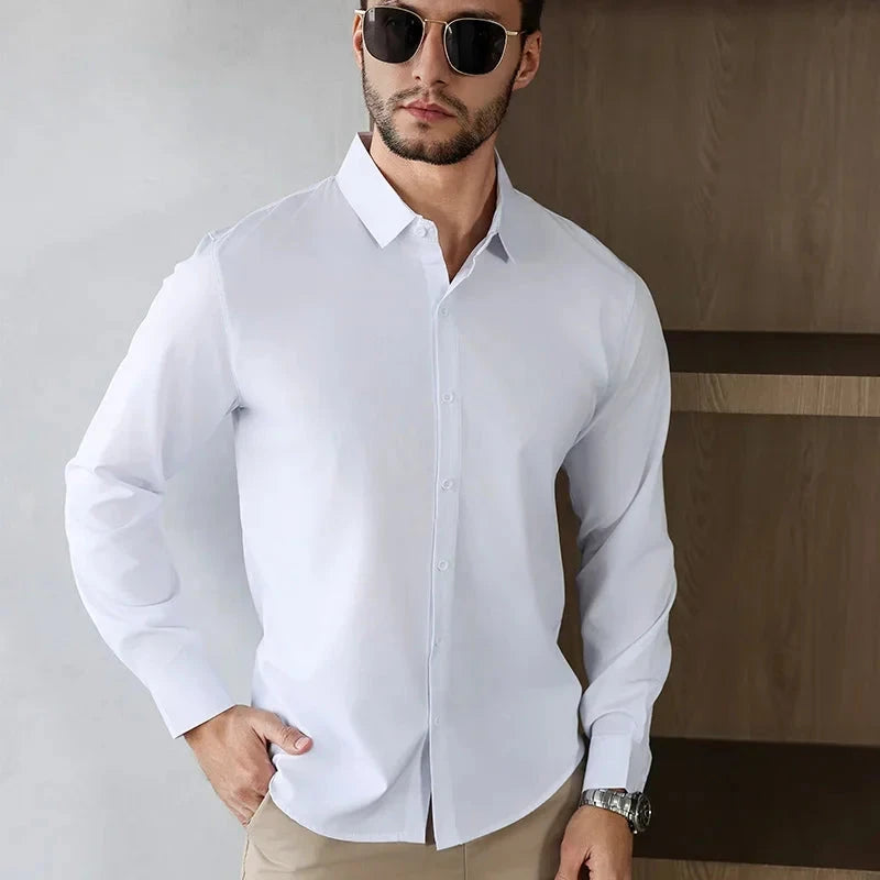 New Men's Business Casual Long Sleeved Solid Color Shirt Wrinkle Resistant Wrinkle Free Comfortable All Season Versatile Top PureGliss