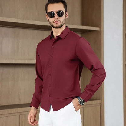 New Men's Business Casual Long Sleeved Solid Color Shirt Wrinkle Resistant Wrinkle Free Comfortable All Season Versatile Top PureGliss