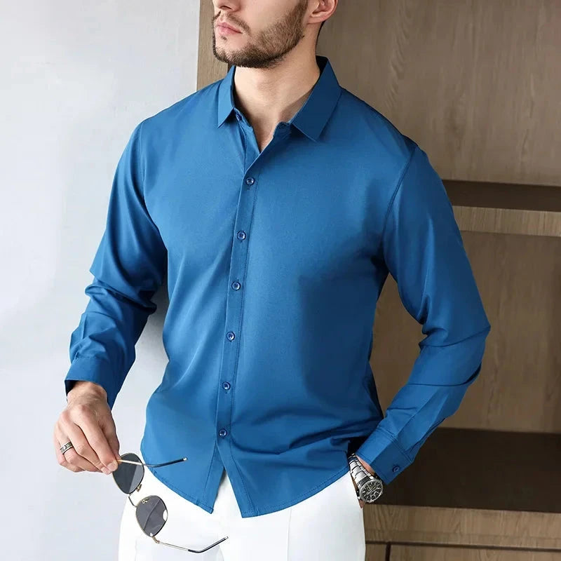New Men's Business Casual Long Sleeved Solid Color Shirt Wrinkle Resistant Wrinkle Free Comfortable All Season Versatile Top PureGliss