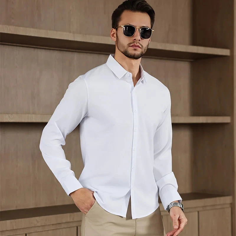New Men's Business Casual Long Sleeved Solid Color Shirt Wrinkle Resistant Wrinkle Free Comfortable All Season Versatile Top PureGliss