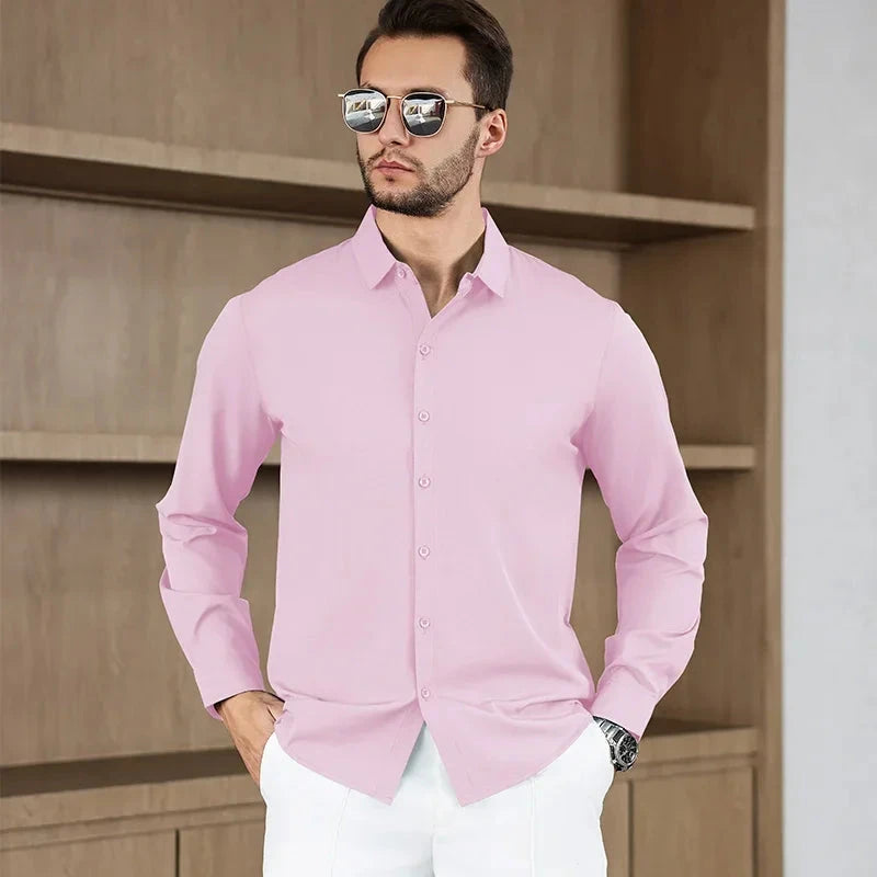 New Men's Business Casual Long Sleeved Solid Color Shirt Wrinkle Resistant Wrinkle Free Comfortable All Season Versatile Top PureGliss