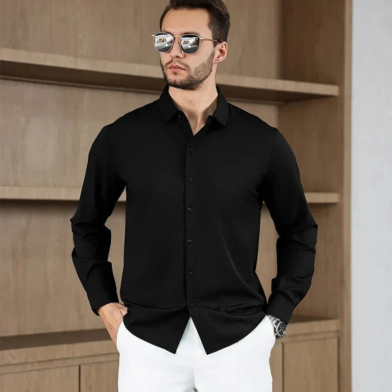 New Men's Business Casual Long Sleeved Solid Color Shirt Wrinkle Resistant Wrinkle Free Comfortable All Season Versatile Top PureGliss