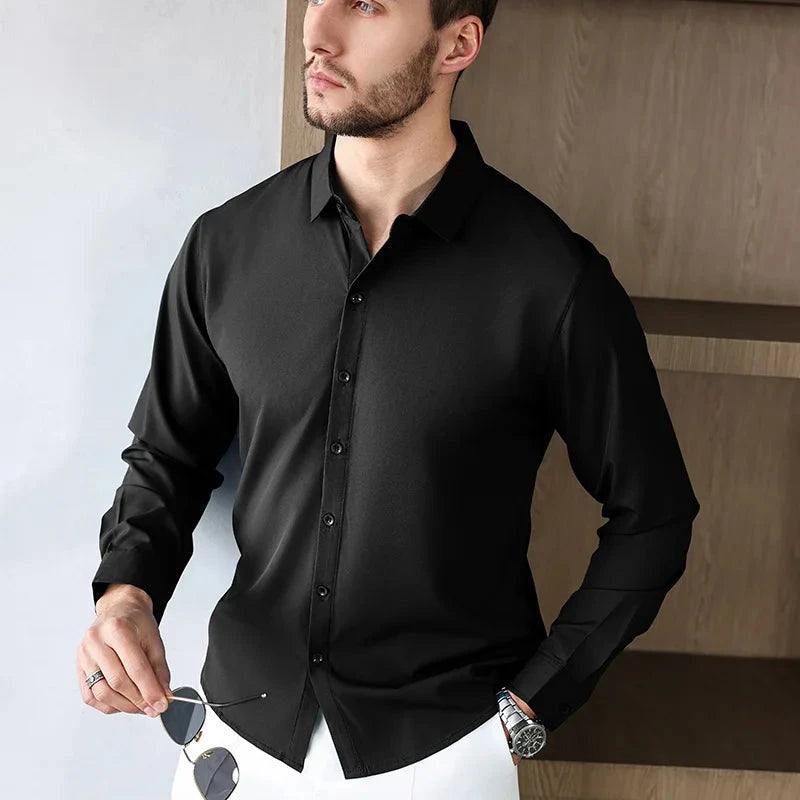 New Men's Business Casual Long Sleeved Solid Color Shirt Wrinkle Resistant Wrinkle Free Comfortable All Season Versatile Top PureGliss