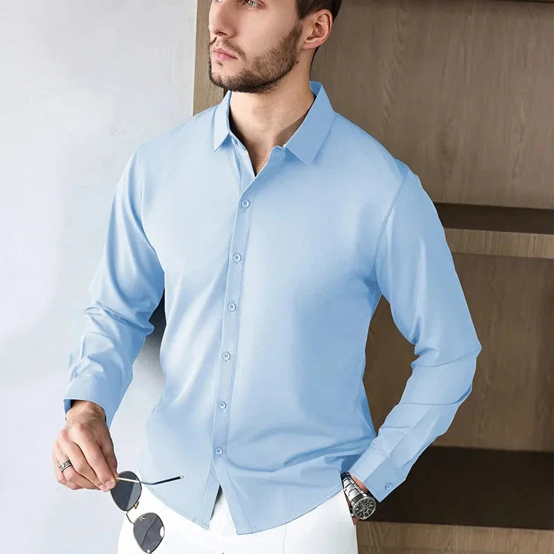 New Men's Business Casual Long Sleeved Solid Color Shirt Wrinkle Resistant Wrinkle Free Comfortable All Season Versatile Top PureGliss