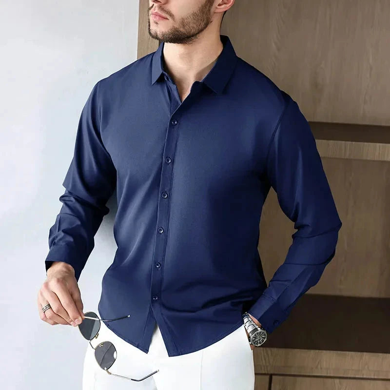 New Men's Business Casual Long Sleeved Solid Color Shirt Wrinkle Resistant Wrinkle Free Comfortable All Season Versatile Top PureGliss