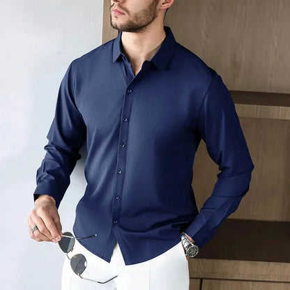 New Men's Business Casual Long Sleeved Solid Color Shirt Wrinkle Resistant Wrinkle Free Comfortable All Season Versatile Top PureGliss