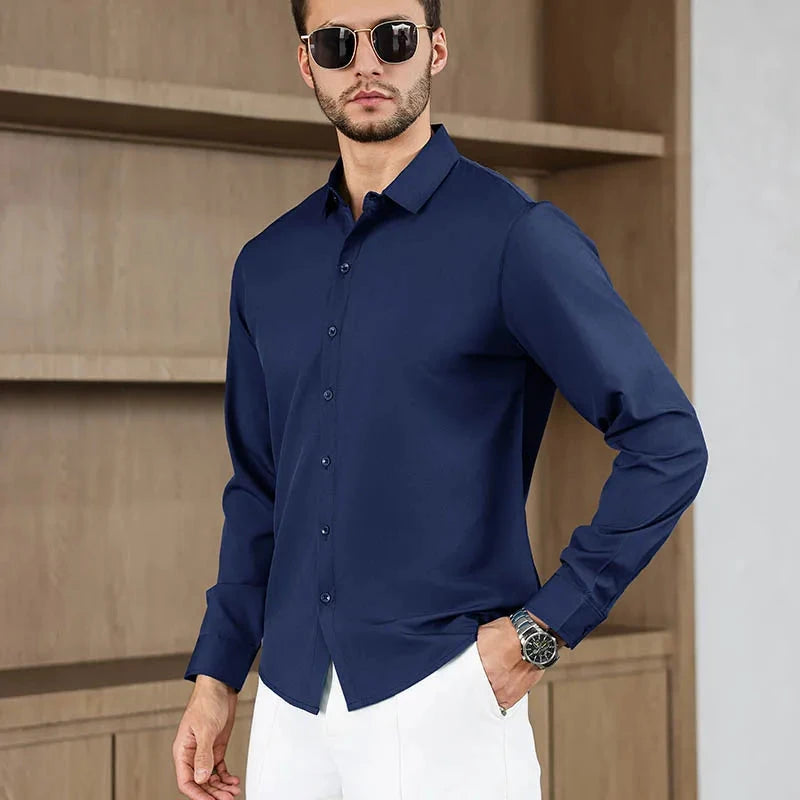 New Men's Business Casual Long Sleeved Solid Color Shirt Wrinkle Resistant Wrinkle Free Comfortable All Season Versatile Top PureGliss