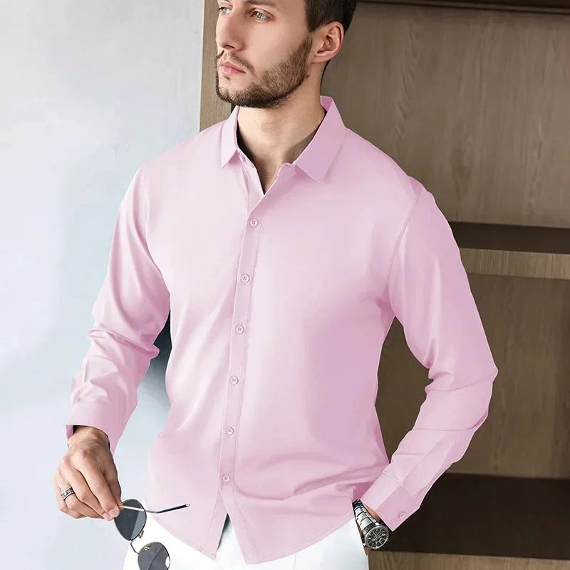 New Men's Business Casual Long Sleeved Solid Color Shirt Wrinkle Resistant Wrinkle Free Comfortable All Season Versatile Top PureGliss