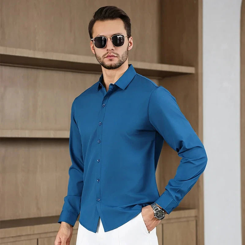 New Men's Business Casual Long Sleeved Solid Color Shirt Wrinkle Resistant Wrinkle Free Comfortable All Season Versatile Top PureGliss