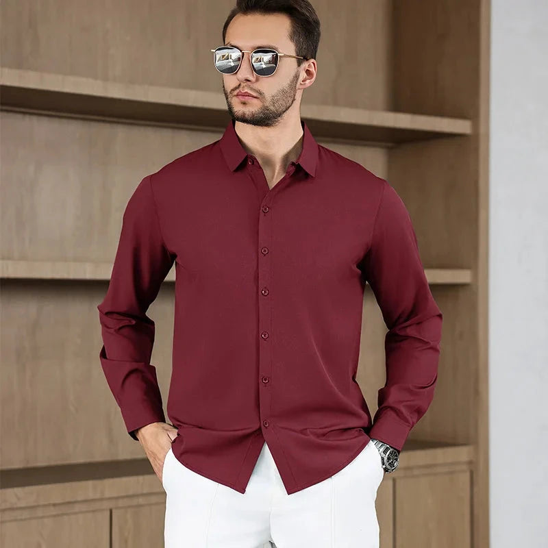 New Men's Business Casual Long Sleeved Solid Color Shirt Wrinkle Resistant Wrinkle Free Comfortable All Season Versatile Top PureGliss