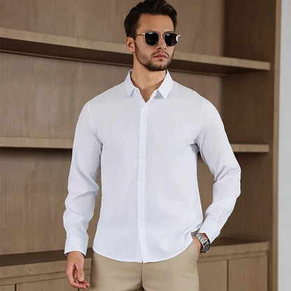 New Men's Business Casual Long Sleeved Solid Color Shirt Wrinkle Resistant Wrinkle Free Comfortable All Season Versatile Top PureGliss