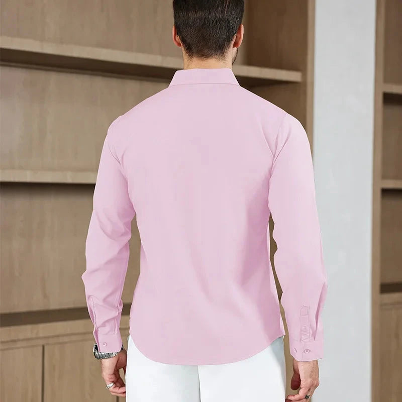 New Men's Business Casual Long Sleeved Solid Color Shirt Wrinkle Resistant Wrinkle Free Comfortable All Season Versatile Top PureGliss