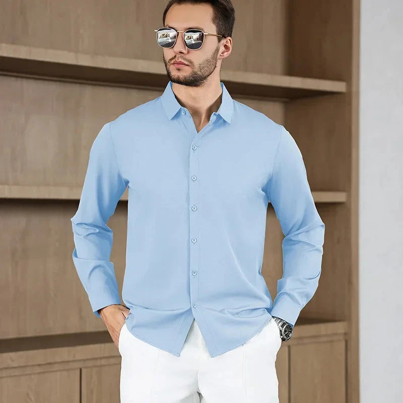 New Men's Business Casual Long Sleeved Solid Color Shirt Wrinkle Resistant Wrinkle Free Comfortable All Season Versatile Top PureGliss