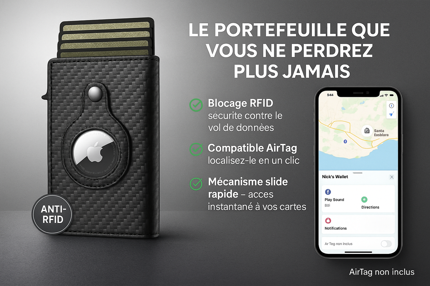 Portefeuille slim RFID carbone – Compatible AirTag, mixte (homme & femme) PureGliss