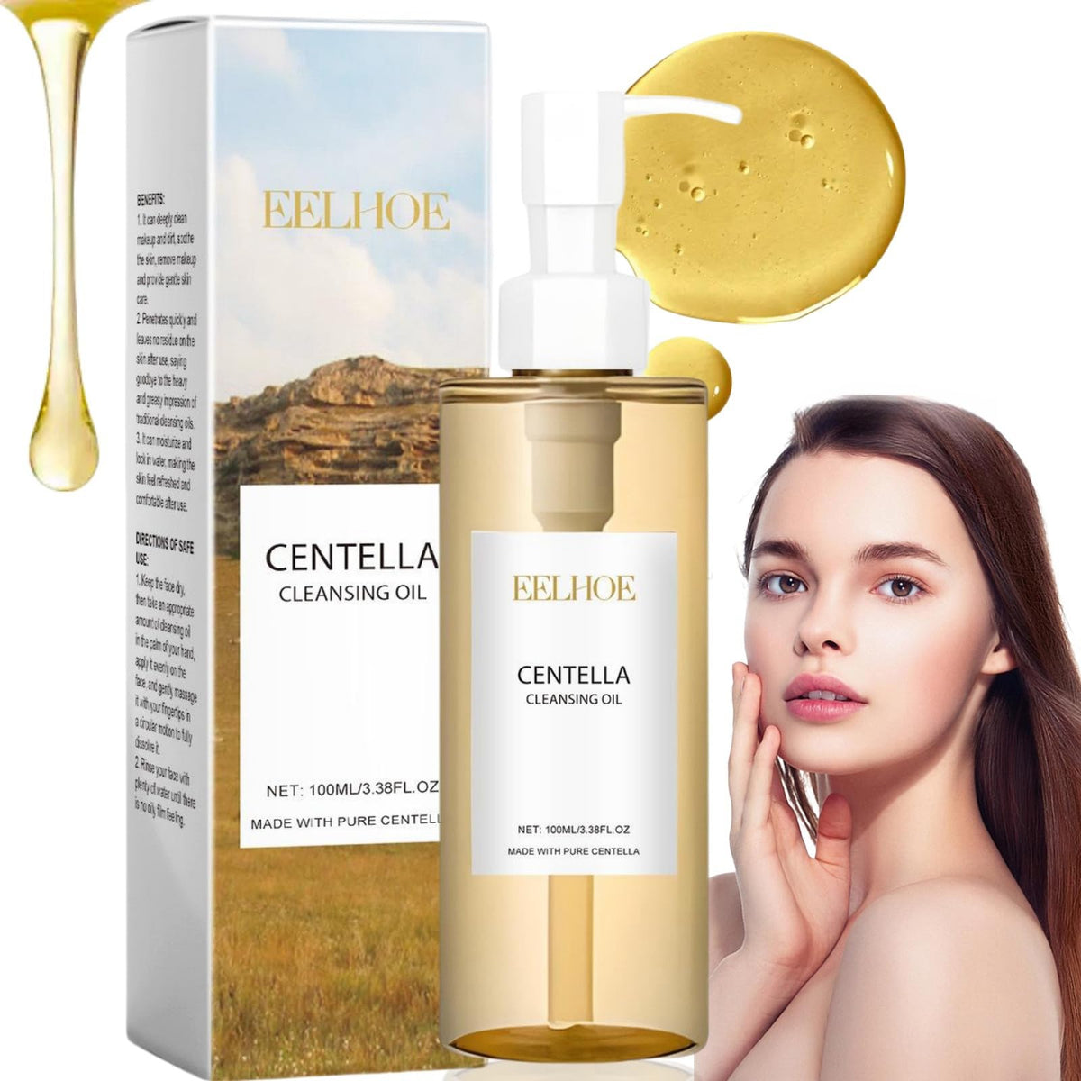 Huile démaquillante Centella EELHOE 100 ml – flacon pompe, boîte et texture huile