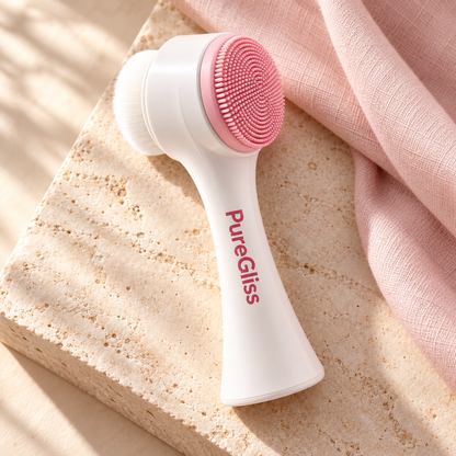 Brosse Visage Silicone 2-en-1 PureGliss — vue dans un décor de pierre et de lin