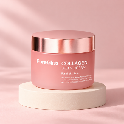Crème gelée collagène PureGliss — présentation du pot sur socle.