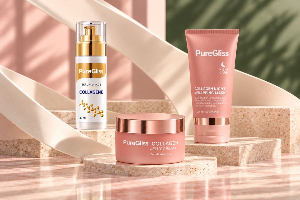 Mise en scène illustrative du rituel PureGliss, cadrage mobile : sérum, crème et masque de nuit.