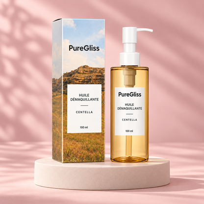 Huile Démaquillante Douce à la Centella PureGliss — mise en scène sur socle.