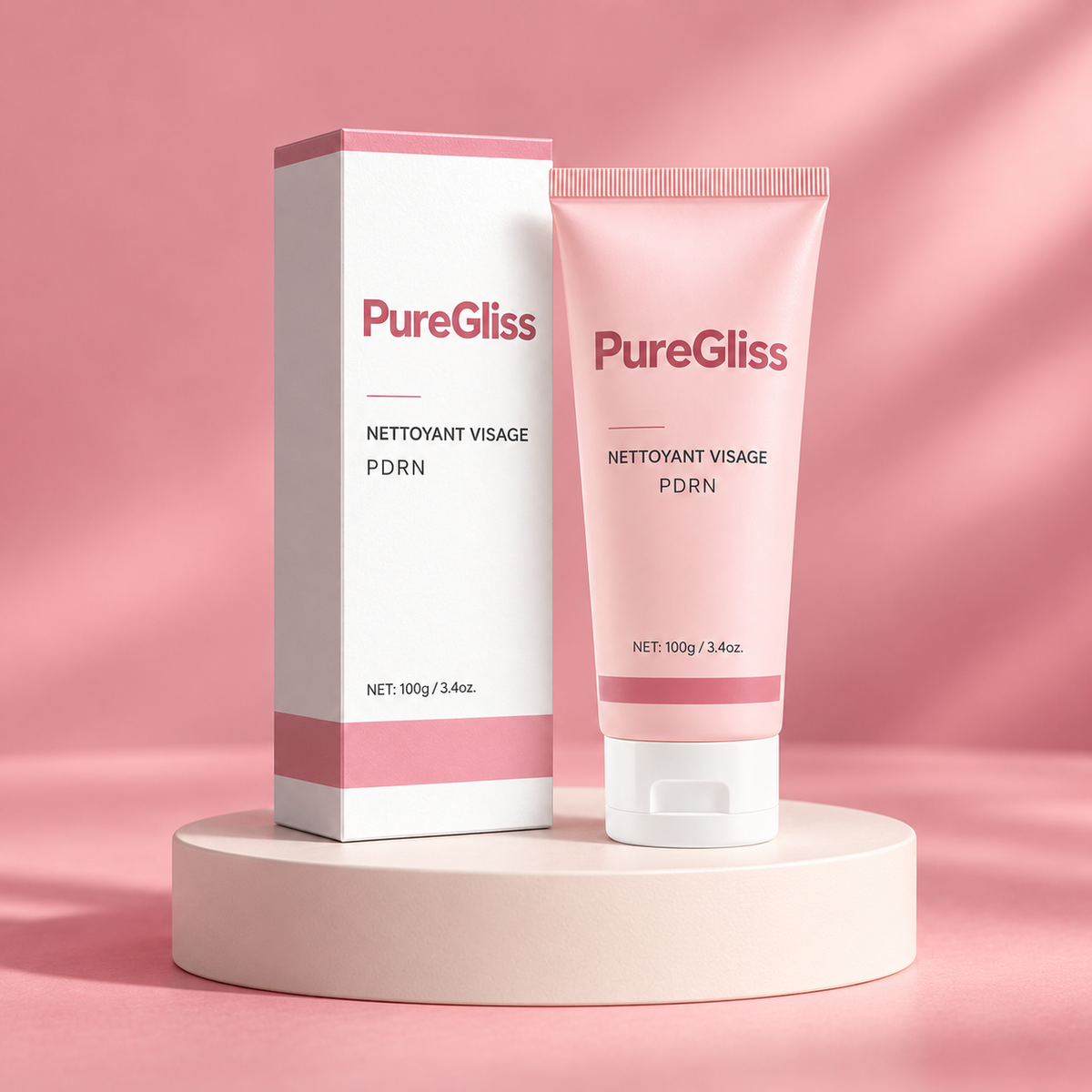 Nettoyant Visage Doux PDRN PureGliss — mise en scène sur socle.