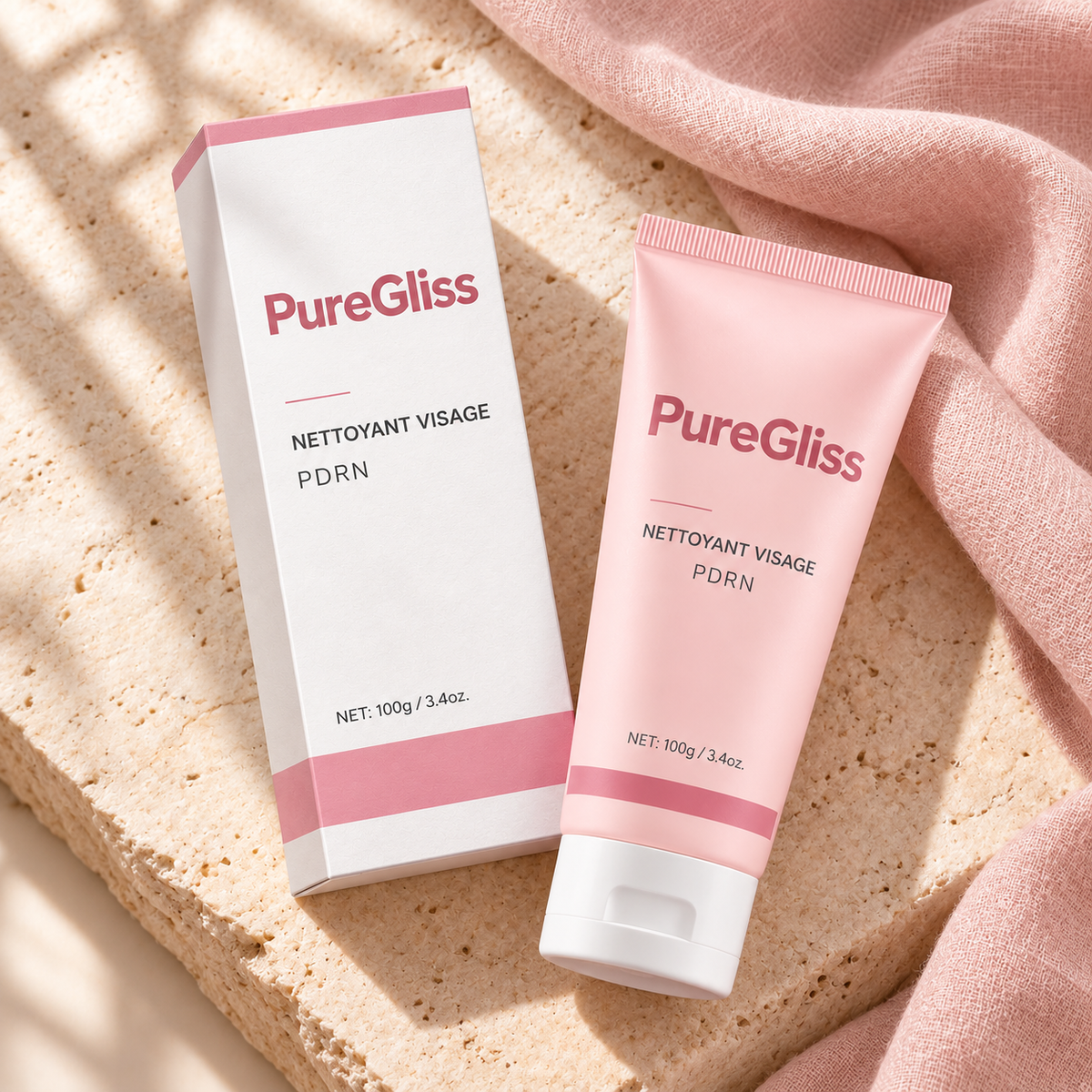 Nettoyant Visage Doux PDRN PureGliss — vue dans un décor de pierre et de lin.