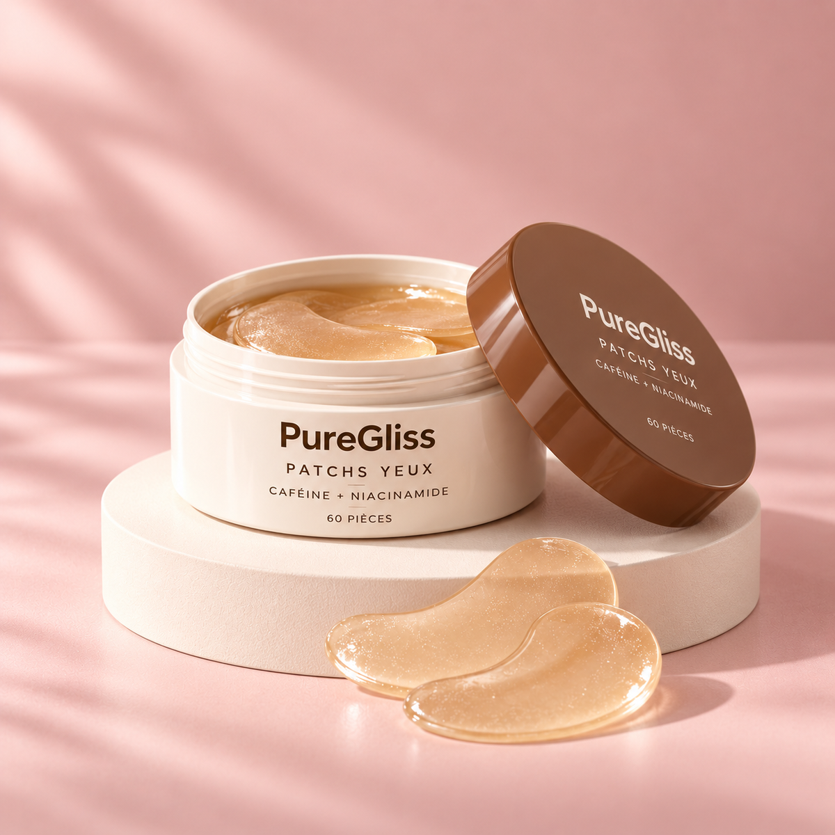 Patchs Hydrogel Caféine & Niacinamide – 60 pièces PureGliss — mise en scène sur socle.