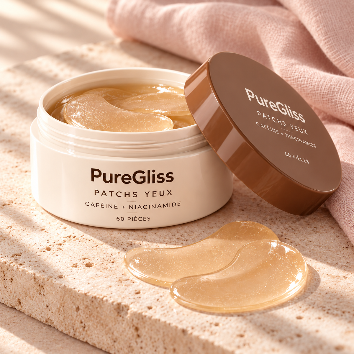 Patchs Hydrogel Caféine & Niacinamide – 60 pièces PureGliss — vue dans un décor de pierre et de lin.