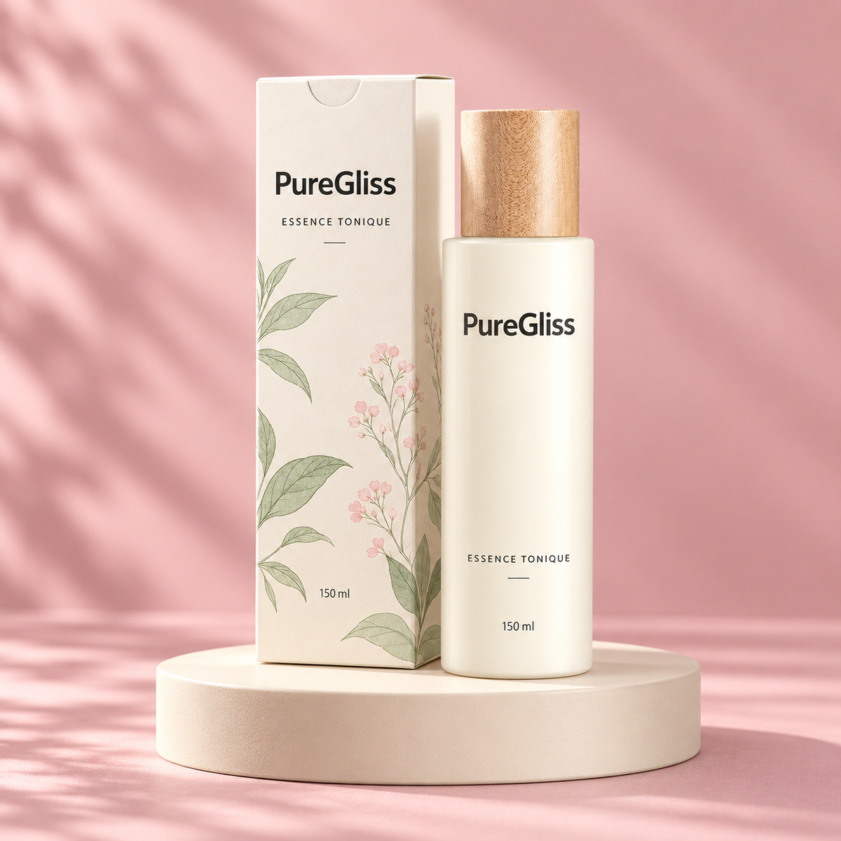 Essence Tonique Hydratante – 150 ml PureGliss — mise en scène sur socle.