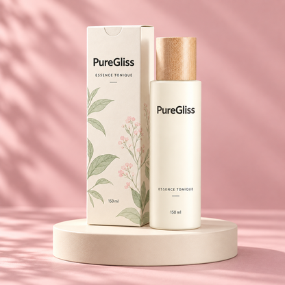 Essence Tonique Hydratante – 150 ml PureGliss — mise en scène sur socle.