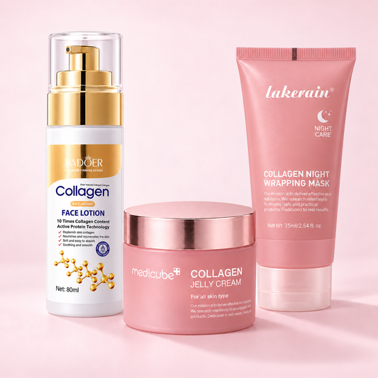 Les trois soins de la Routine Complète PureGliss : soin au collagène, crème gelée et masque de nuit. Composition éditoriale.