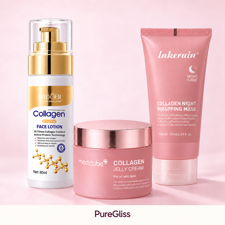 Les trois soins de la Routine Complète PureGliss : soin au collagène, crème gelée et masque de nuit. Composition éditoriale.